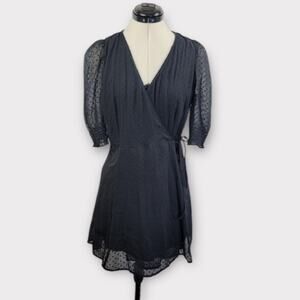 Abercrombie & Fitch Wrap‎ Dress Size Small Black Clip Dot Puff Sheer Sleeves